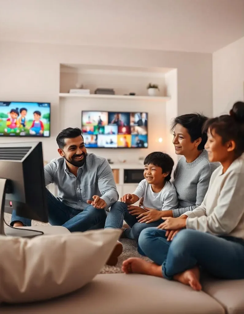 A family enjoying IPTV content on a Windows PC, with vibrant HD visuals on the screen and multi-screen viewing, illustrating the benefits of IPTV on Windows